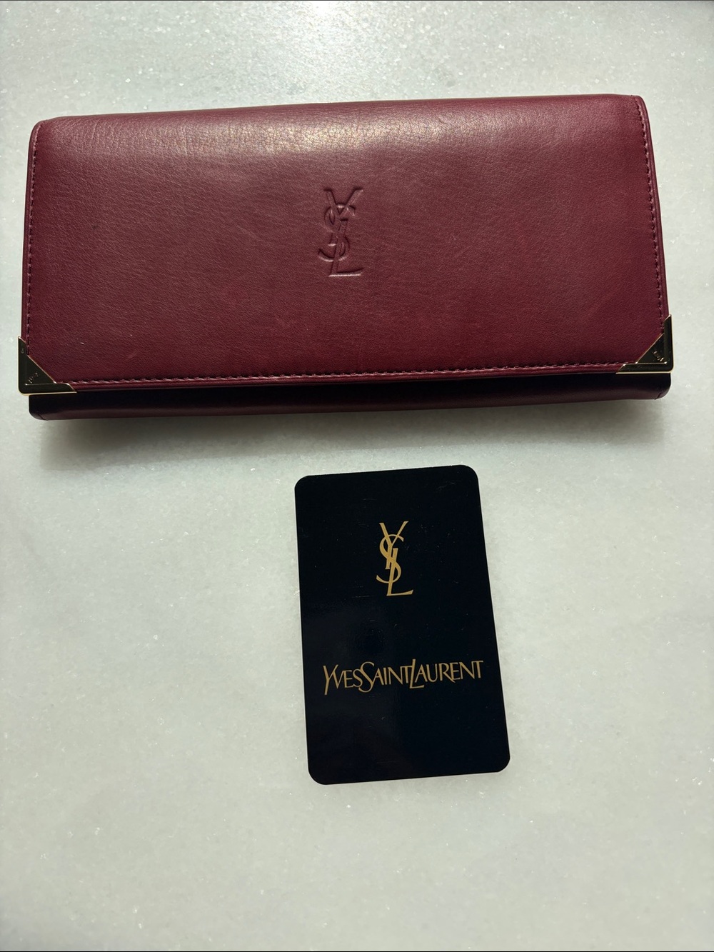 Yves Saint Laurent Burgundy Leather Folded Card & Key Holder with Gold Corners